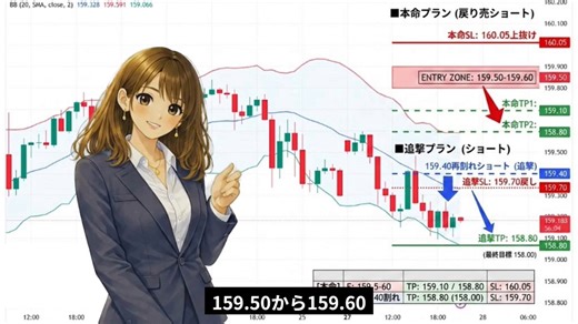 4/28 ドル円分析 USDJPY【エントリーポイント公開】👇おはようございます☀️昨夜のドル円は、想定どおりの動き。上は抑えられ、下へ流れる展開になりましたね！いまはその流れの中での戻し。焦って入る場面ではなく、整った形だけを狙う局面です。🟢本命ロング：159.10TP：159.25（+15pips） / SL：159.00（-10pips）🔴本命ショート：159.55TP：159.40（+15pips） / SL：159.65（-10pips）🔴加速ショート：159.40TP：159.25（+15pips） / SL：159.50（-10pips）やることはシンプル。戻りは丁寧に売る、抜けは素直についていく。落ち着いて、精度の高いポイントだけを。夕方に進捗更新するので、フォロー＋通知ONで待っててくださいね☝️#ドル円 #USDJPY