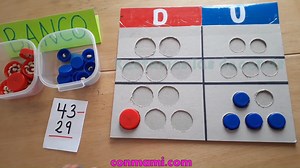 Comparto esta super herramienta muy útil "La Yupana" y que facilita al niño a comprender sumas y las restas con canje utilizando las unidades y decena.. La Yupana es un ábaco incaico que era utilizado por los contadores en el imperio para realizar sus operaciones aritméticas. Con mucho orgullo conociendo los antecedentes de esta herramienta elaboré uno con material de reciclaje y adaptándolo a las necesidades de mi niña. Utilicé cartón, tapas de plástico y semillas o frejoles. Hice los orificios