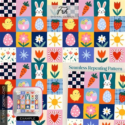 Easter Seamless Pattern Folk Bunny Easter Egg Chick Strawberry Tulip Carrot Daisy Patchwork Quilt Retro Spring Digital Paper Fabric Print - Etsy