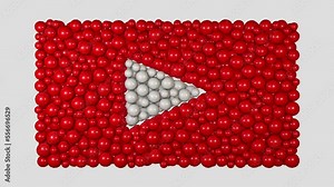 Play button animation, music player icon, motion graphics of video play sign in a shape of red and white balls that fall and form the triangle symbol. Social media sign, 3d rendering