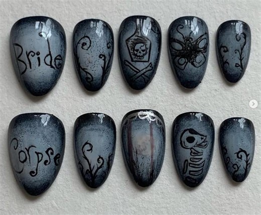 Custom Gothic Press on Nails, Bride, Corpse, Skull, and Skeleton Design, Dark Gothic Nail Art for Halloween - Etsy UK
