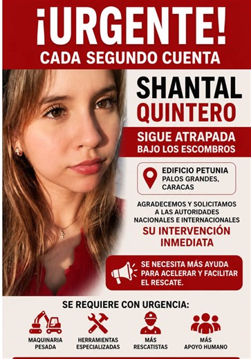 🚨 SHANTAL ESTÁ AHÍ DENTRO. NECESITAMOS AYUDA AHORA 🚨 Es estudiante de Derecho en la UCV, se mudó a Caracas hace apenas 2 semanas llena de sueños. El 24 de junio, el Edificio Petunia colapsó. Y Shantal estaba adentro. Hay un equipo de rescate trabajando sin parar que no se han rendido. Pero el edificio está en estado crítico. Sin más maquinaria, pueden tardar hasta 20 días más en llegar an ella. No tenemos 20 días. 🔴 COMPARTE ESTE VIDEO. 🔴 ETIQUETA MEDIOS, AUTORIDADES Y EQUIPOS DE RESCATE. 🔴