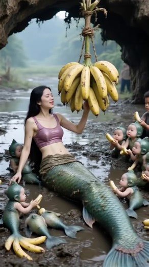 Mermaid Enjoys Banana Snack Underwater
