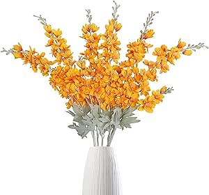 IPOPU Delphinium Flowers Artificial Flowers 6 pcs Orange Larkspur Flower 33.5 in Long Stem Artificial Flowers for Tall Vase, Silk Flowers for Home Garden Wedding Arrangement (Orange)