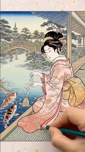 【AI浮世絵】動き出す大人の塗り絵：池の鯉と着物美人 / Ukiyo-e AI Art