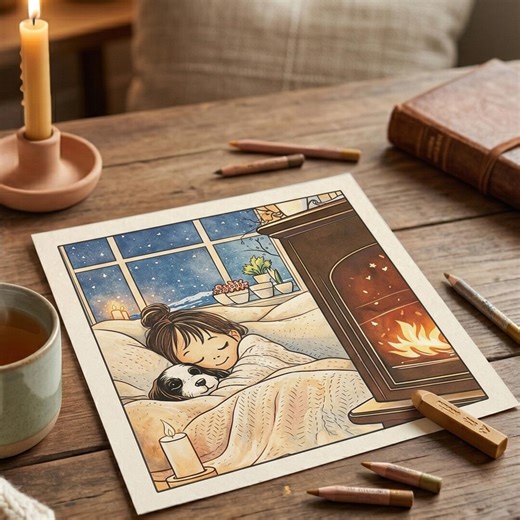 Cozy Fireplace Coloring Page Printable, Bedtime Dog PDF