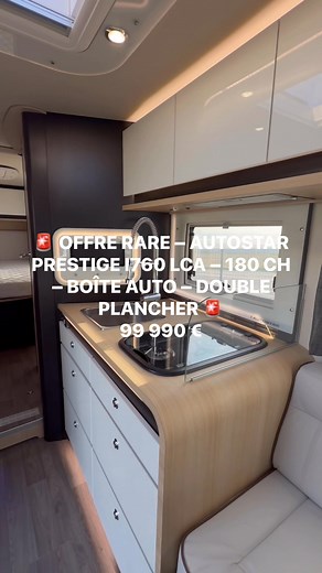 Le top du luxe chez Autostar ! Modèle Prestige 2025, intégral haut de gamme, équipé du châssis Alko, moteur 180 ch, et boîte automatique 8 vitesses. véhicule neuf. 💥 Prix promo exceptionnel : 99 990 € TTC (au lieu de 123 940 € – plus de 20 000 € d’économie !) ⭐ Points forts / Premium : ✓ Double plancher été/hiver (rangement isolation) ✓ Châssis AL-KO suspension indépendante ✓ Motorisation 180 ch boîte auto 8 rapports ✓ Caméras Full Vision 360° (angle mort supprimé) ✓ Store extérieur Fiamma 4,5 