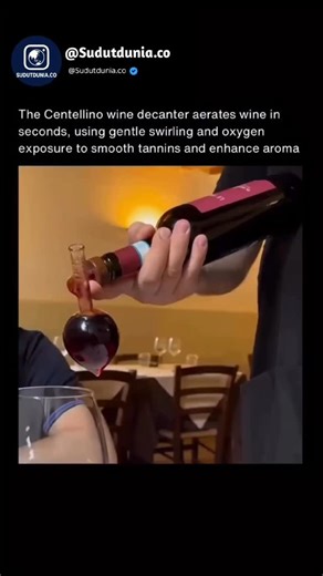 sudut dunia on Instagram: "The Centellino is a small, Italian made wine aerator and decanter designed to instantly improve a single glass of wine. Hand blown from crystal glass, it is shaped to sit directly on top of a wine bottle. When wine is poured through it, the liquid is forced into a gentle swirling motion that increases its contact with oxygen before it flows into the glass. This controlled exposure helps soften harsh tannins and open up aromas without the need for long decanting times. 