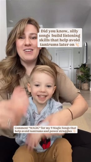 Tyler Wray | Music • Motherhood • Education on Instagram: "Comment 👉🏻MAGIC👈🏻 and I’ll send you my “9 Magic Songs” I use as a music therapist to AVOID tantrums and power struggles! 💕 Singing with your child is more than just cute, it helps the practice regulation skills, listening skills, and following directions. When your kid ignores your words, but suddenly listens to a song… Or if you have a toddler that STRUGGLES with transitions (let’s be honest, that’s EVERY toddler parent 😅) Music g