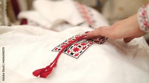A woman seamstress chooses a beautiful braid for a traditional Slavic costume. Dressmaker sewing national dresses, shirts. Needlewoman creating clothes. Sew, handmade wears concept.
