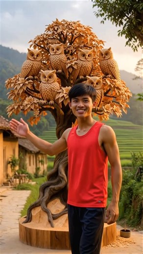 From Log to Masterpiece 🌳🦉 | Amazing Wooden Owl Tree Carving by Hand in Village