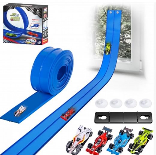Autorennbahn 5M Inklusive 4 Autos Rennbahn Kinder 3 4 5 6 Jahre, Flexible Rennstrecke Auto Rennbahn Spielzeug Autobahn Kinder Rollt Auf Tragbare Dual Rennstrecke Rampen für Jungen und Mädchen