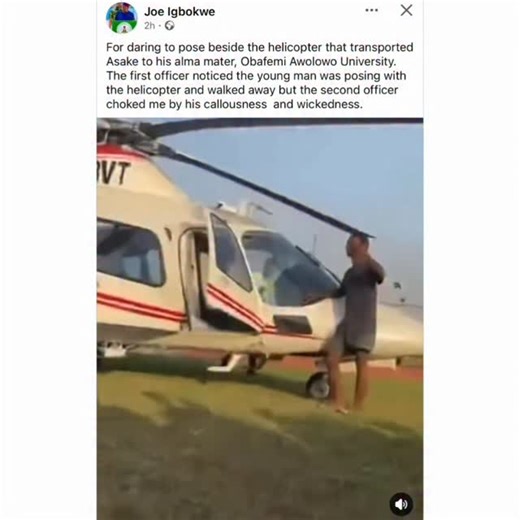 Lindaikejiblog on Instagram: "Officer caught on tape ass@ulting young man for posing beside helicopter that flew singer Asake to his Alma Mata, Obafemi Awolowo University"