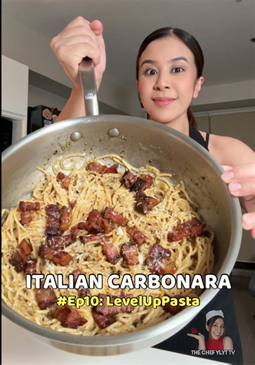 Episode 10/10: Italian Carbonara (Authentic) #ChefYlyt #LevelUpPasta Ingredients: 200g spaghetti pasta 3 egg yolks ½ cup Pecorino Romano (or Parmesan) 80g guanciale or pancetta Black pepper, toasted Pasta water (as needed) Procedure 1. Toast the black pepper in a dry pan until fragrant, this boosts up its natural oils and gives your carbonara a deeper, warmer pepper flavor. 2. In the same pan, fry the pancetta or guanciale until crisp and the fat has rendered. The rendered fat from pancetta or g