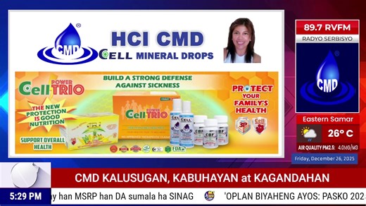 CMD Kalusugan, Kabuhayan at Kagandahan w/ Marieta Adina (December 26, 2025) ADVISORY: This is a paid program, the station has no control over what is stated here and will not be held accountable. DISCLAIMER: The music played during this broadcast is owned by the rightful owner. Listen: Rvfm Radio Stream Powered by caster.fm https://rvfm897.caster.fm/ Rvfm Radio Stream Powered by listen2myradio https://rvfm897.radiostream321.com/ Please Like, Share & Follow RVFM News Online! d(-_-)b | RVFM News O