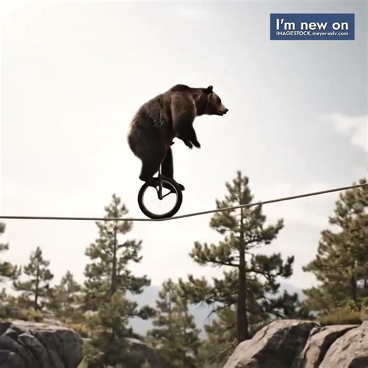 A Bear Balancing On A Unicycle Over Tightrope
