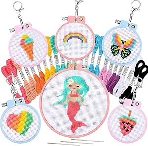 Pllieay 6 Pcs Cross Stitch Kits for Beginners for Kids 7-13, Kids Embroidery Kit Needlepoint Kit Arts and Crafts Kit with Instructions for Backpack Charms, Ornaments and Needle Craft