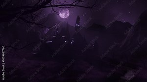 Foggy Castle in a Spooky Night with Flying Bats - Loop - Fantasy Landscape Background