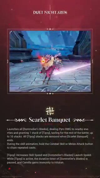 ✦ Combat Abilities | Camilla (Pyro)"Business is what gets me out of bed. What about you?"Some swear by the drinks she mixes. Others marvel at her way with people. And for many, it is the secrets around her that keep them coming back. Camilla is a woman shrouded in mystery. Even those closest to her can tease apart every thread, watching, listening, prying, and still catch only a sliver of who she really is. To most, she remains an enigma. Best, perhaps, to think of her simply as the proprietress