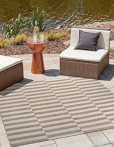 Unique Loom Outdoor Striped Collection Area Rug - Striped (10' Square Taupe/Ivory)