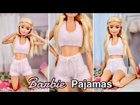 DIY Cute Barbie Doll Pajamas Set! Fluffy Lounge Outfit! Shorts & Crop Tank Top - Barbie Clothes