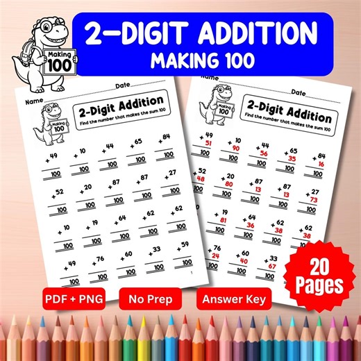 2-digit Addition Making 100 | 100th Day of School Math | Find the Missing Addend | 20 Pages PDF   PNG - Etsy