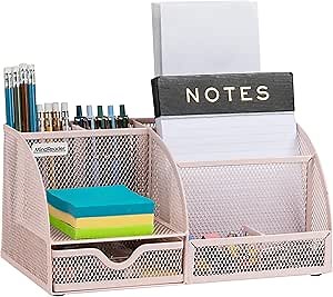 Mind Reader 7-Compartment Desktop Organizer, File & Accessory Storage, Metal Mesh Office Organizer for Desk, Workspace, Mail, Pink