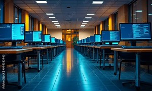 A modern computer lab with rows of workstations and screens.