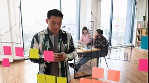 Confident businessman giving thumbs up standing in front of colorful sticky notes in creative office. Colleagues collaborating at desk in background.