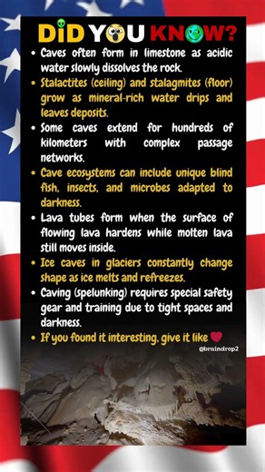 Caves often form in limestone as acidic water slowly dissolves the rock.