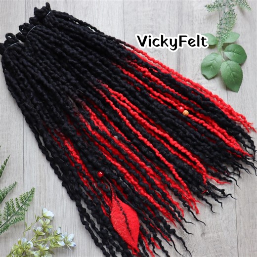 Thin Wool Dreads, Wavy Dreadlocks Extensions, Double Ended, Black & Scarlet, 20 DE - Full Set - Etsy