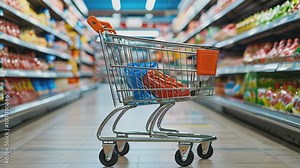 An empty shopping cart standing in the center of a brightly lit supermarket aisle, with neatly stocked shelves on either side, filled with a variety of products and colorful packaging.
