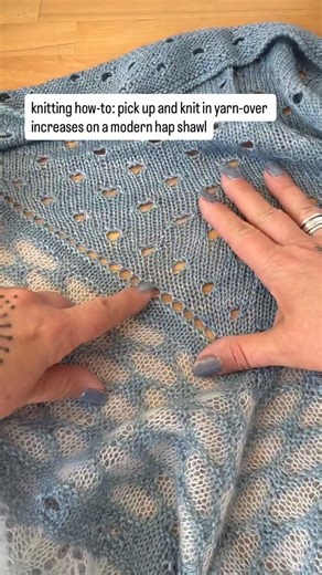 Rosemary (Romi) Hill on Instagram: "Hey hey, my friends! Recently I showed you how to shape a triangle shawl with a yarn-over (YO) at the beginning of each row. Sometimes I only use the shaping for a simple triangle, but sometimes I pick up and knit stitches in those YOs so I can continue knitting an edging on a top triangle that has no visible spine. So I wanted to show you how incredibly easy it is to pick up and knit those stitches, because sometimes hearing that you need to pick up brings vi