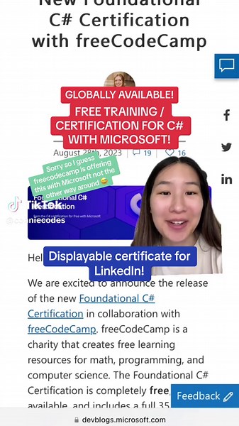 Did a speed run of this certificate so I could tell you if doing it was worth it! TLDR: it is totally worth it and I learned a lot of new things that I will be using in my work. This is such an awesome initiative and it felt extremely extensive for creating a foundation in C#. Thank you @Luis D. For sending this cert my way! This is just another great resource to learn how to code. #csharp #microsoft #learntocode #freecodingresources #faang #code #tech #bigtech #freecertification #conniecodes #g