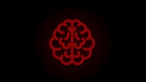 Brain Neon icon. Digital brain in hand. Neural network. IQ testing. Brainstorm think idea. Motion Graphic