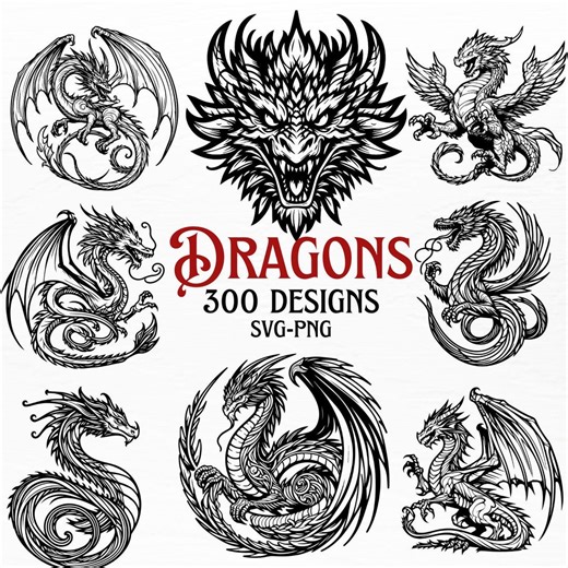 Dragon SVG Bundle | Tribal Dragon Tattoo Designs | Chinese Dragon Clipart | Mythical Beast Vector | Cricut & Silhouette Cut Files | - Etsy Australia