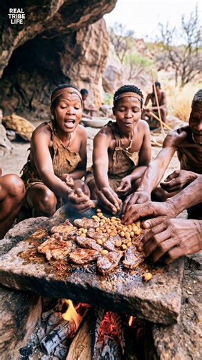 Real San Bushmen Food: Roast Meat & Peanuts 🥜🥩 #tribalfood #triballife #shorts