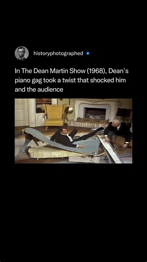 During a 1968 episode of The Dean Martin Show, a running gag involving Martin jumping onto a piano took an unexpected twist when the crew secretly replaced the sturdy instrument with a prop designed to collapse. When Martin made his usual jump, the piano dramatically broke apart, resulting in his genuine shock and the audience's laughter. Credit: @nbcuniversal | History In Pictures