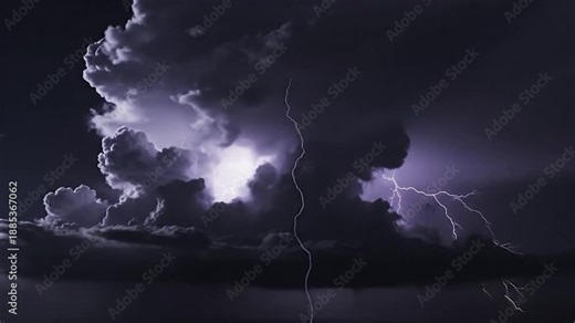 A powerful, bright white lightning bolt strikes through a dark, dramatic purple storm sky
