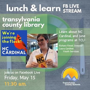 Heard what's happening at the Transylvania County Library? After transforming into a resource hub since mid-March, TCL is also joining the NC Cardinal Library Consortium! Tune in at 11:30am on Friday, May 15, to learn what this means for users, and hear about summer programs you won't want to miss. #TCSYes #TCSTogether #LibrariansRock library.transylvaniacounty.org | Transylvania County Schools | Facebook
