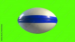 Side on view of a 3D ruby ball with blue lines spinning around. Standard rugby ball in a continuous spin perfect for sports advertising. Green screen footage for isolating the ball.