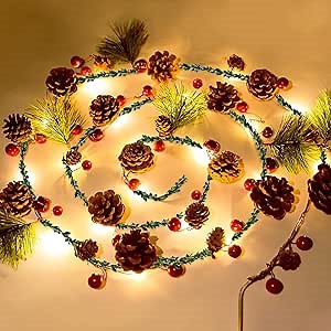 Garland with Lights 2 Pack Red Berry Pine Cone 13FT 40 LED Garland Lights Battery Operated, LED Garland String Lights, Home Decorations Indoor for Home Fireplace Mantel Party Decor