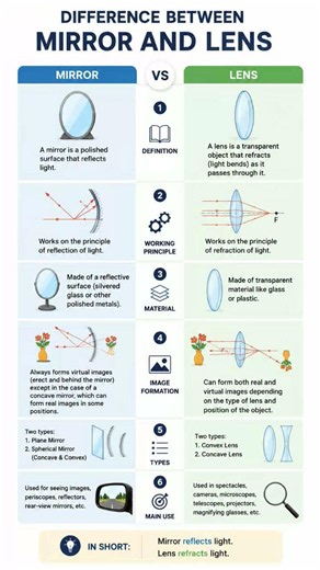 ✨ Mirror vs Lens 🔍Reflection vs Refraction — Know the key difference in seconds! ⚡#Physics