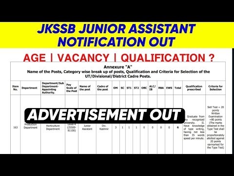 JKSSB Junior Assistant Posts Out | JKSSB New Advertisement 2025 | 361 Vacancy : Adv 8 of 2025