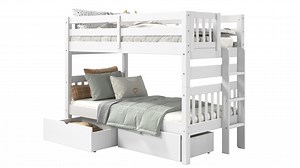 Bedz King Bunk Beds Twin over Twin Mission Style with End Ladder and 2 Under Bed Drawers, White