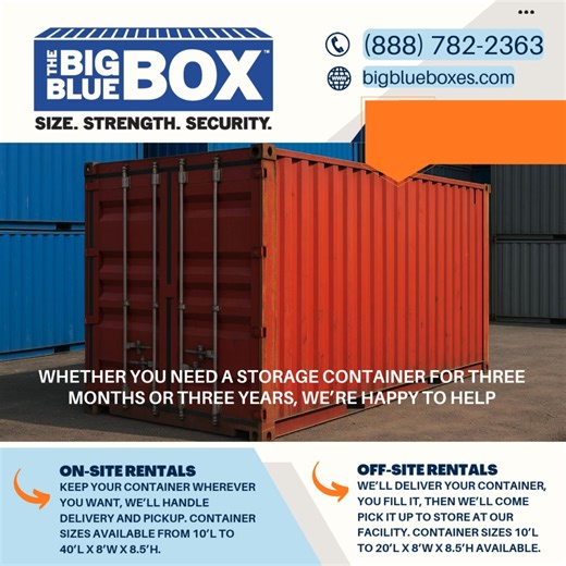 🏗️ Need extra storage space fast? Big Blue Boxes offers secure commercial container rentals built to handle any job. From construction sites to retail renovations, our portable containers give you the space, flexibility, and protection your business needs — without the long-term commitment. ✅ Multiple sizes: 10’, 20’, and 40’ units ✅ Weather-tight, lockable, and secure ✅ Delivered and picked up on your schedule ✅ Perfect for job sites, seasonal inventory, or temporary workspace Big Blue Box ren