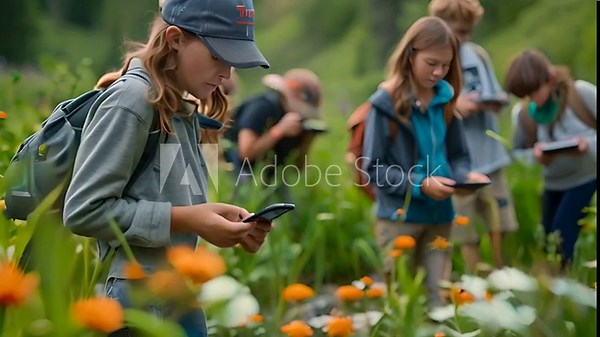 kids engaging in citizen science projects outdoors, using technology to contribute to scientific observations and data collection.generative ai