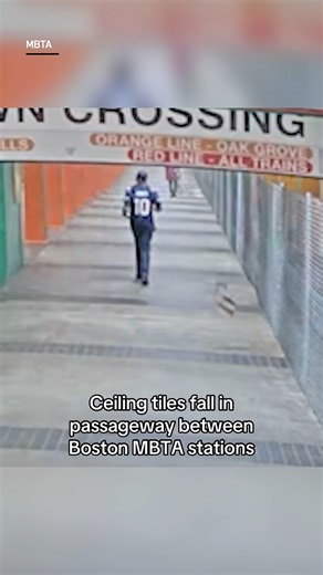 Video shows a chunk of ceiling tiles falling between the Park Street and Downtown Crossing stations last week. | NBC10 Boston