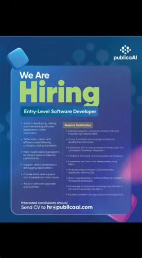 publicaai on Instagram: "𝗪𝗲’𝗿𝗲 𝗛𝗶𝗿𝗶𝗻𝗴: Entry-Level Software Engineer 𝗟𝗼𝗰𝗮𝘁𝗶𝗼𝗻: Yaba Lagos, Nigeria. | Onsite(9-5pm) 𝗘𝗺𝗽𝗹𝗼𝘆𝗺𝗲𝗻𝘁 𝗧𝘆𝗽𝗲: Full-Time employment We’re looking for a motivated Trainee Software Engineer to join our growing development team. This role is perfect for an entry-level professional eager to build real-world applications using modern technologies across both front-end and back-end development. 𝗪𝗵𝗮𝘁 𝗬𝗼𝘂’𝗹𝗹 𝗗𝗼: • Work closely with senior