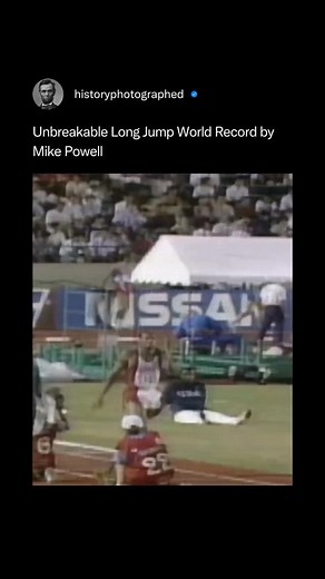 History Photographed on Instagram: "Mike Powell set the still-standing world record in the long jump on August 30, 1991, at the World Athletics Championships in Tokyo, Japan. ⁠ ⁠ His jump of 8.95 meters (29 feet, 4.36 inches) broke Bob Beamon's long-standing record by 5 centimeters.⁠ ⁠ Mike Powell's 8.95-meter jump remains one of the most remarkable and enduring records in the history of track and field.⁠ ⁠ Credit: @nbcsports"